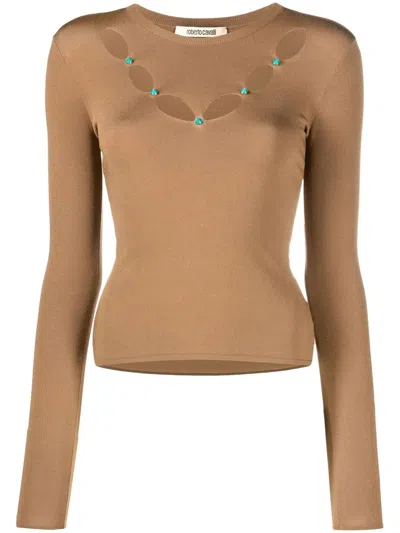 Roberto Cavalli Cut-out Stone-embellished Top In Brown