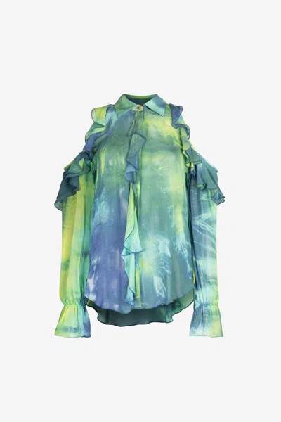 Roberto Cavalli Cut-out Tie-dye Shirt In Light Green/light Blue