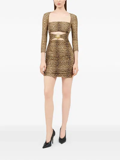 Roberto Cavalli Cut-out Animal-print Mini Dress In Brown