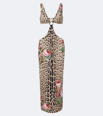 Roberto Cavalli Cutout Leopard-print Midi Dress In Multi