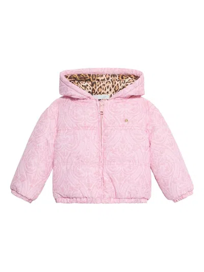 Roberto Cavalli Babies' Damask-print Hooded Padded Jacket In Pink