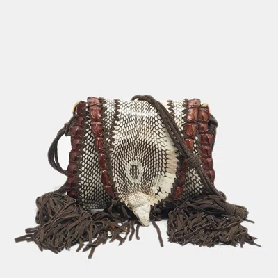 Pre-owned Roberto Cavalli Dark Brown/white Suede Snakeskin And Crocodile Fringe Crossbody Bag