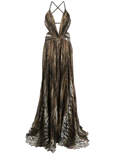 Roberto Cavalli Deep V-neck Maxi Dress In Brown