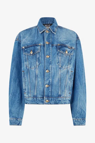 Roberto Cavalli Denim Jacket With Logo In Light Blue