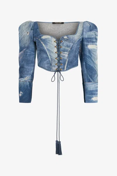 Roberto Cavalli Denim Patchwork-effect Corset With Lacing In Blue