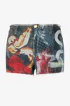 Roberto Cavalli Denim Shorts With Roses And Snakes In Red