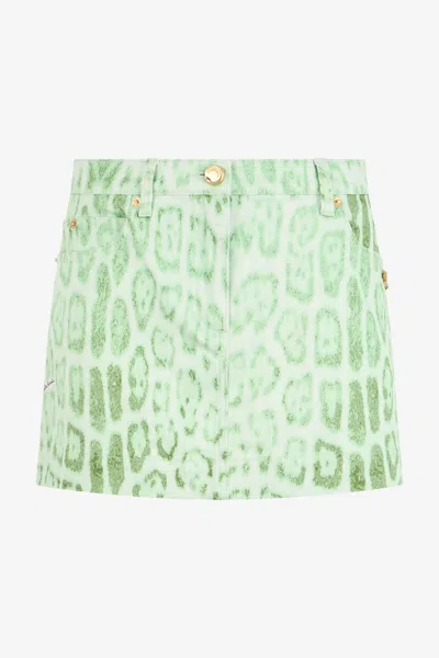 Roberto Cavalli Jaguar Mint Print Denim Mini Skirt In Green