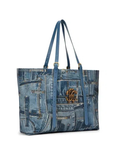 Roberto Cavalli Denim-patchwork Snake-monogram Tote Bag In Blue