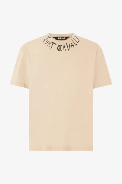 Roberto Cavalli Distressed Crewneck T-shirt With Logo In Light Brown