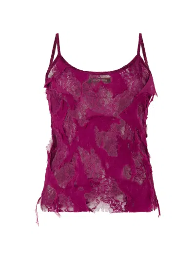Roberto Cavalli Distressed Lace Camisole Top In Purple
