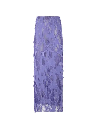 Roberto Cavalli Distressed Lace-panelled Maxi Skirt In Purple