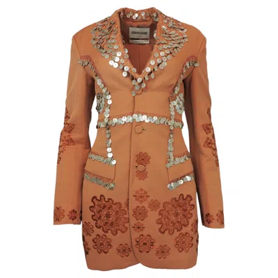 Pre-owned Roberto Cavalli Documented S/s 2019 Woven Rust Embroidered W/paillette Jacket/bl In Brown
