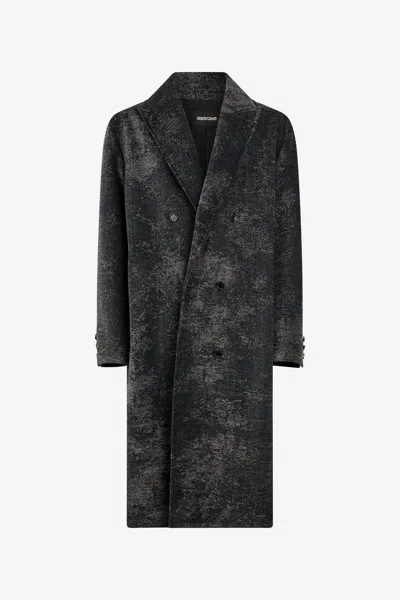 Roberto Cavalli Double-breasted Coat With Distressed Effect In Black