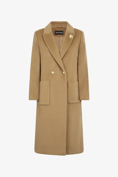 Roberto Cavalli Double-breasted Long Coat In Camel