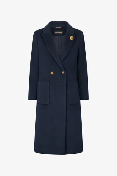 Roberto Cavalli Double-breasted Long Coat In Dark Blue