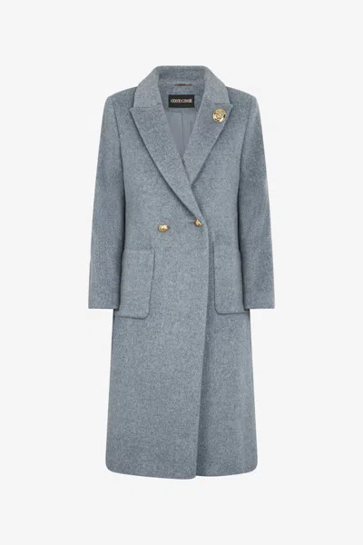 Roberto Cavalli Double-breasted Long Coat In Grey Melange