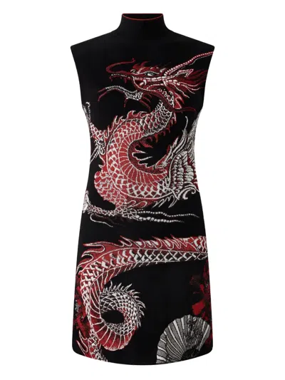 Roberto Cavalli Dragon Floral Print Mini Dress In Black