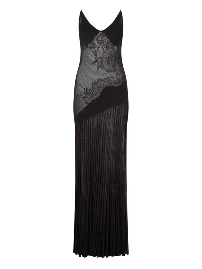 Roberto Cavalli Dragon-pattern Pleated Dress In Black