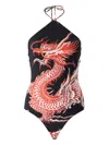 Roberto Cavalli Dragon-print Halterneck Bodysuit In Black