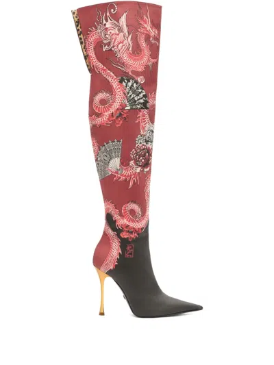 Roberto Cavalli Dragon-print High-heel Boots In Red