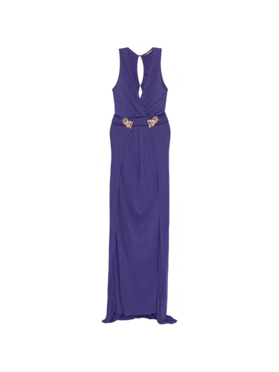 Roberto Cavalli Dragon-plaque V-neck Gown In Purple