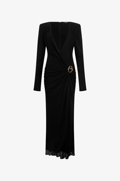 Roberto Cavalli Draped Long Dress With Snake Detail In Black