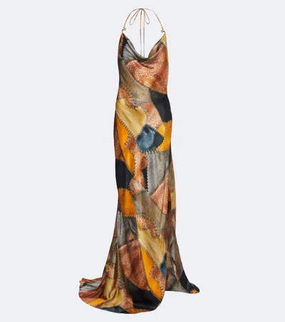 Roberto Cavalli Draped Printed Silk Satin Maxi Dress In Multi