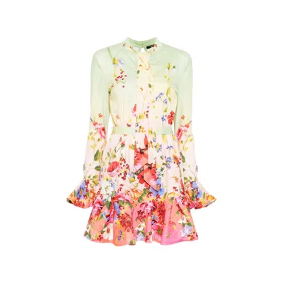 Roberto Cavalli Floral Silk Blend Dress High Neck In White