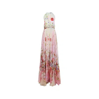 Roberto Cavalli Long Chiffon Dress With Miami Flowers Print In Pink