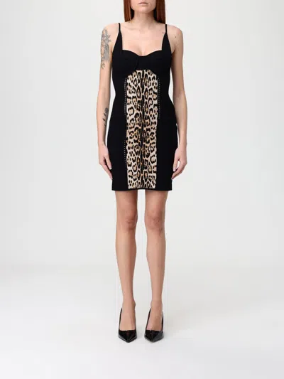 Roberto Cavalli Knee Length Dress With Animal Print Panel In Black