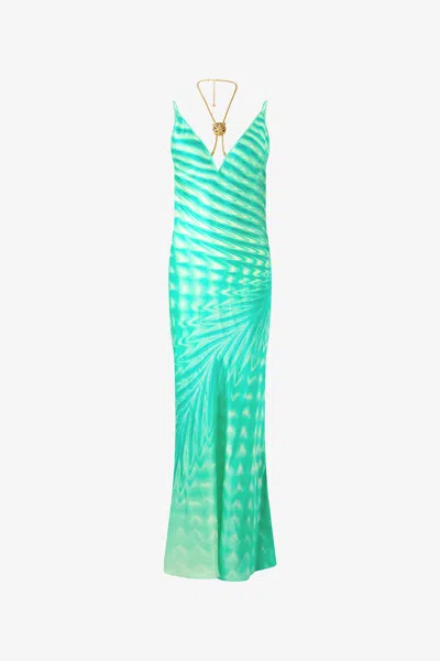 Roberto Cavalli Psychedelic Print Dress With Necklace In Verde