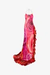 Roberto Cavalli Dress With Rose Print And Flounces In Rosa/rosso