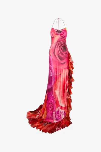 ROBERTO CAVALLI KLEID MIT PRINT ROSE UND VOLANT