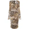 Roberto Cavalli Jaguar Skin-print Ruched Dress In Brown