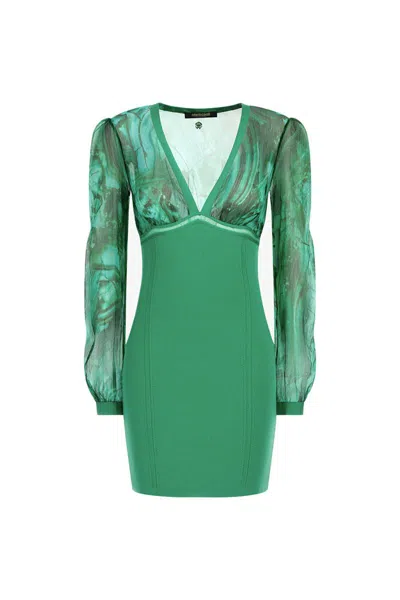 Roberto Cavalli V-neckline Fitted Silhouette Mini Length Sheer Long Sleeves In Green