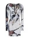 Roberto Cavalli Printed Abstract Fitted Mini V-neck Dress In Multicolor