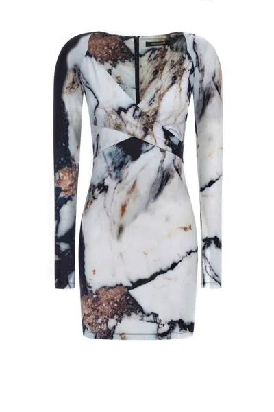 Roberto Cavalli Printed Abstract Fitted Mini V-neck Dress In Multicolor
