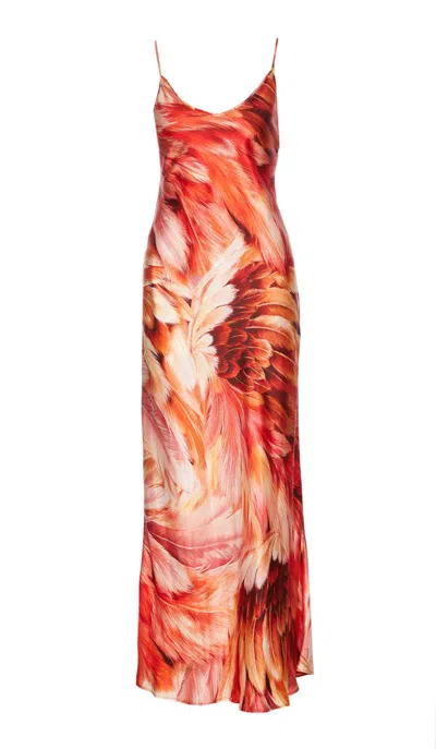 Roberto Cavalli Feather Print Long Dress In Orange