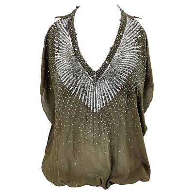 Pre-owned Roberto Cavalli Early 2000s Army Green Silk Chiffon Rhinestone Beaded Sheer Top