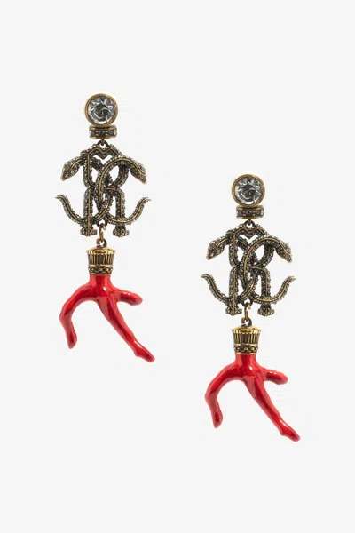 Roberto Cavalli Earrings With Monogram Rc And Coral In Black
