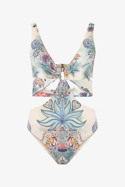 Roberto Cavalli Tropical Garden Print One-piece Swimsuit In White