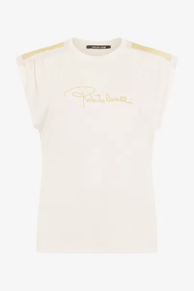 Roberto Cavalli Ivory T-shirt With Logo And Gold Embellishments In Neutral