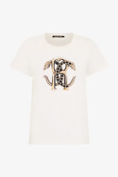 Roberto Cavalli Ivory T-shirt With Logo In Multi
