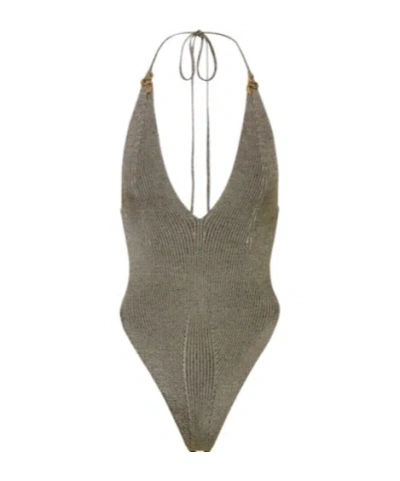 Roberto Cavalli Embellished Backless Metallic Bodysuit In Green