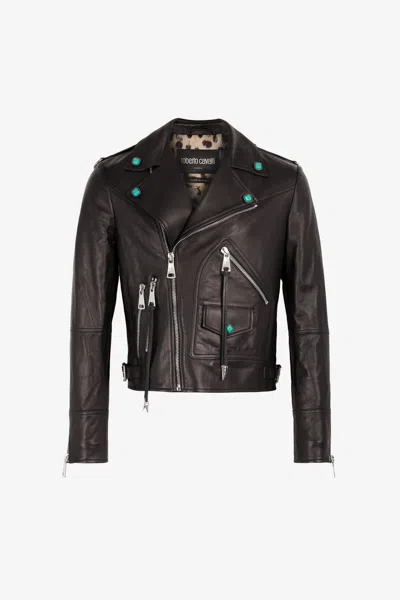 Roberto Cavalli Embellished Leather Biker Jacket In Black