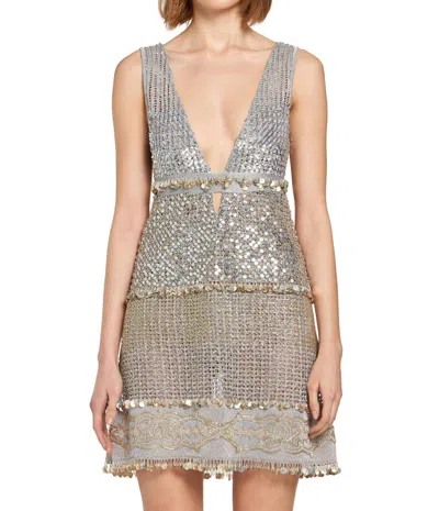 Roberto Cavalli Embellished Metallic Knit Dress In Silver