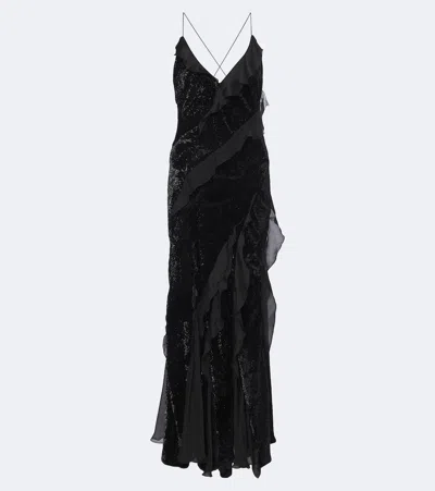 Roberto Cavalli Embellished Ruffled Velvet Gown In Black