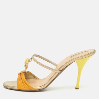 Pre-owned Roberto Cavalli Embellished Size 39 Yellow Patent Leather Slide Sandals