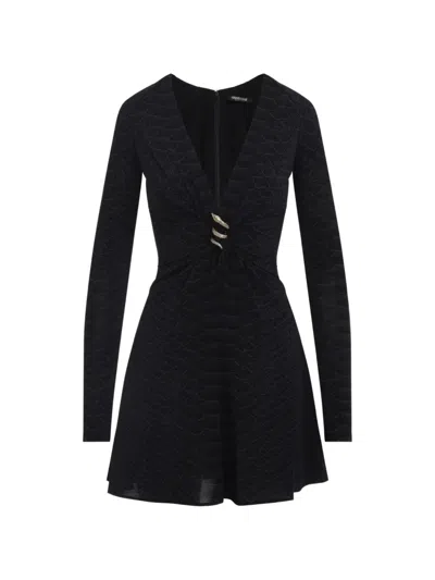 Roberto Cavalli Dress With Serpentine Print And Jewel Detail In Black