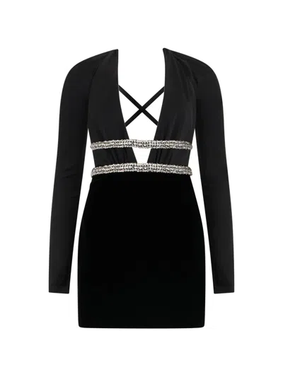 Roberto Cavalli Embellished V-neck Mini Dress In Black